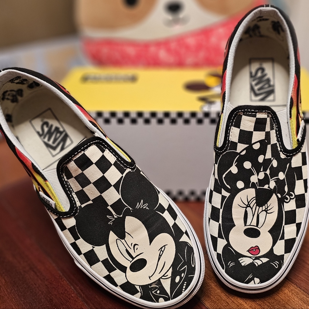 Vans Mickey and Minnie Slip-On Shoes - Checkered Black and White With Flames